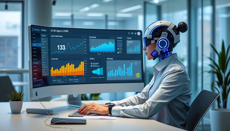 Illustration of an AI SDR agency automating sales development in a modern UK office setting