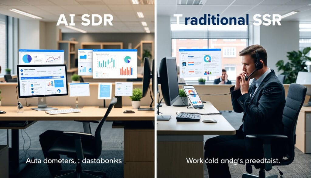Side-by-side comparison of AI SDR automation tools and traditional manual SDR methods in a UK office