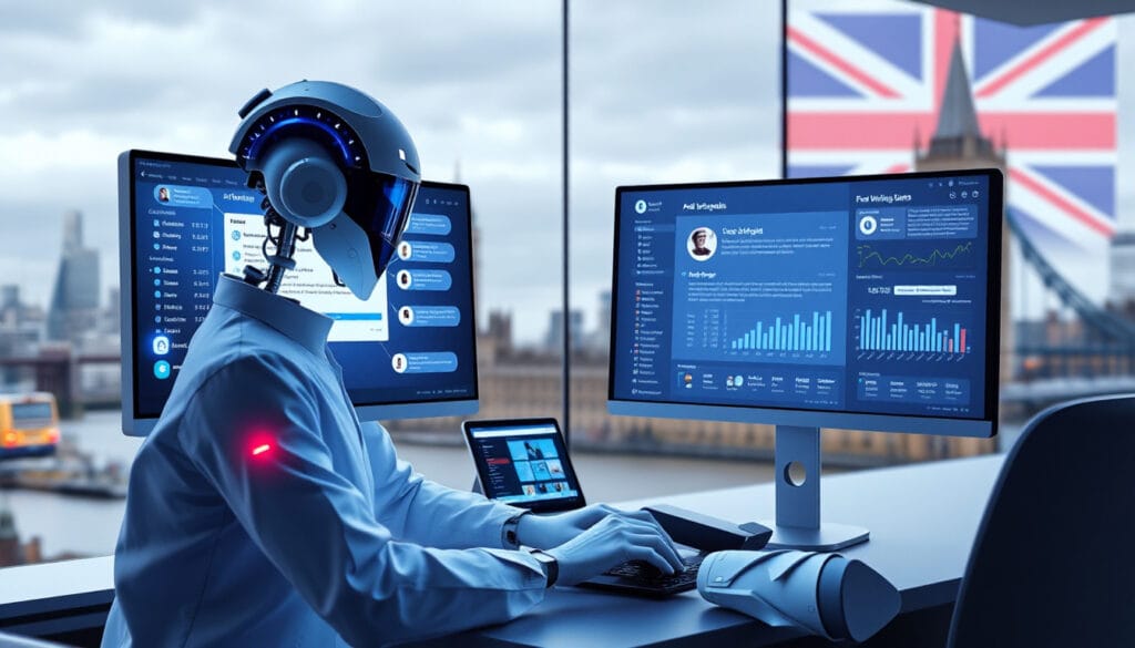 AI SDR agent automating sales outreach and lead generation for UK businesses using smart dashboards and virtual assistants.
