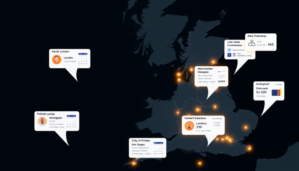 Visual map of UK cities highlighting real-world AI SDR use cases in London, Glasgow, Manchester, and Birmingham sales teams.
