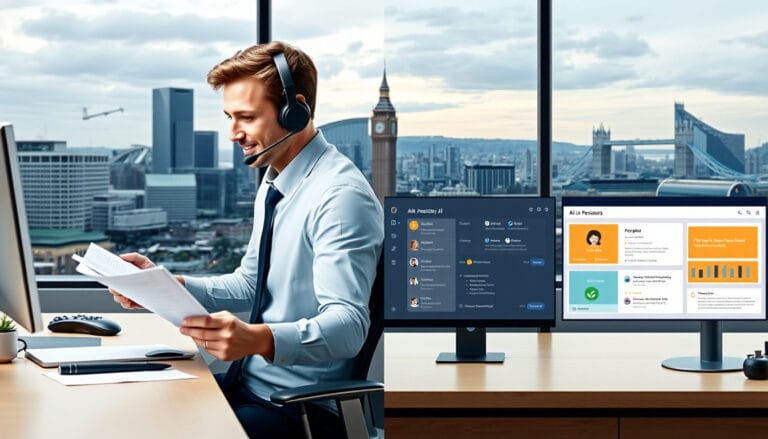 Comparison of AI SDR and traditional SDR methods in a UK sales office with automation tools and CRM systems.