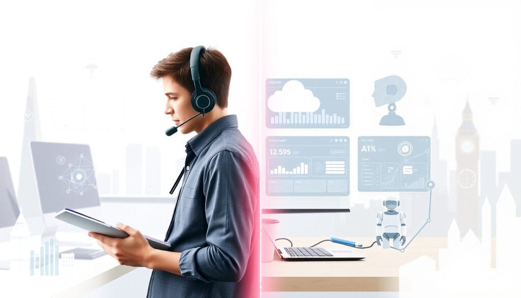 Visual comparison between traditional human SDR and AI SDR tools in a modern UK sales environment.