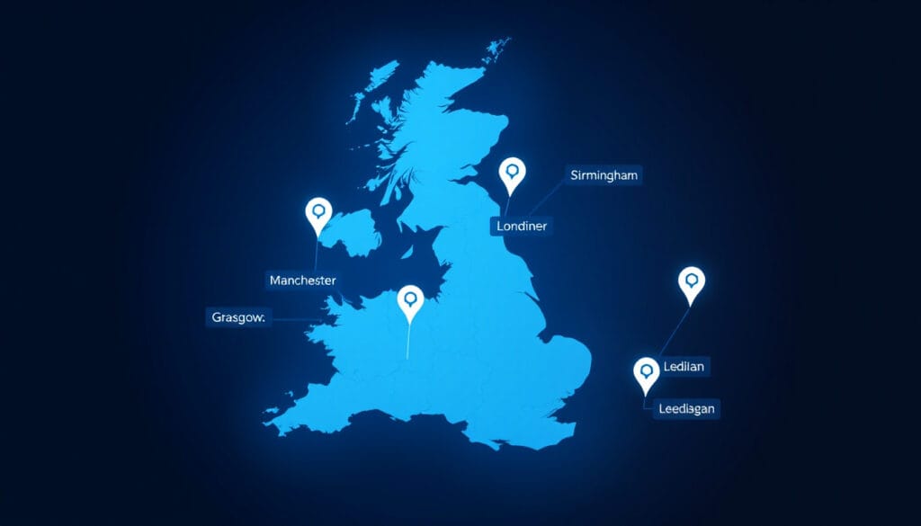 Map showing AI SDR adoption in UK cities including London, Glasgow, and Manchester with automation icons and sales tech overlays.
