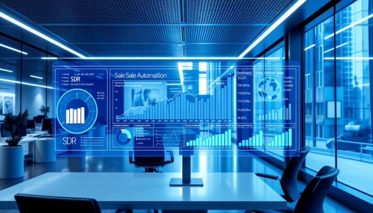 Futuristic UK sales team using AI SDR technology in 2025 with data dashboards and automation tools