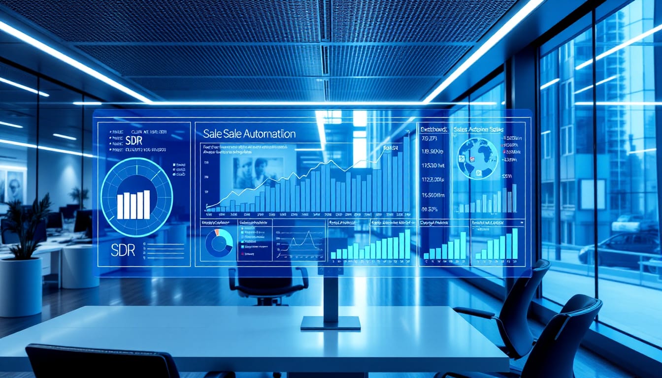 Futuristic UK sales team using AI SDR technology in 2025 with data dashboards and automation tools