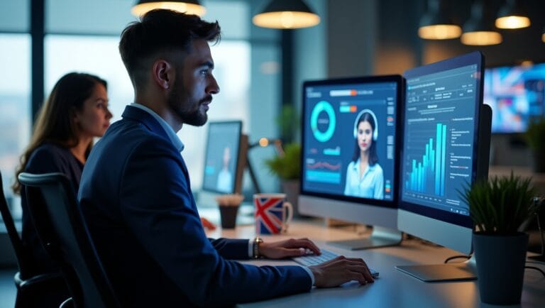 AI SDR agents assisting UK startups with automated B2B sales in a modern tech office setting