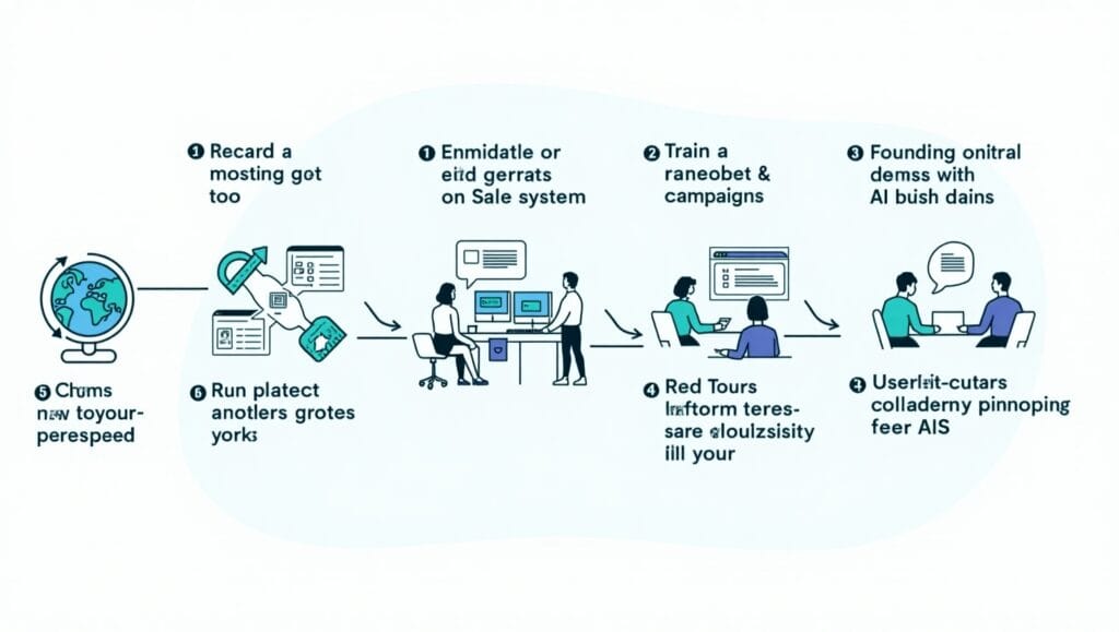Step-by-step visual guide showing how UK startups implement AI SDR agents with CRM integration, sales training, and automation tools