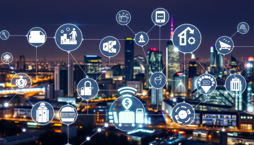 Visual representation of UK industries like healthcare, retail, finance, and manufacturing adopting business process automation for improved efficiency.