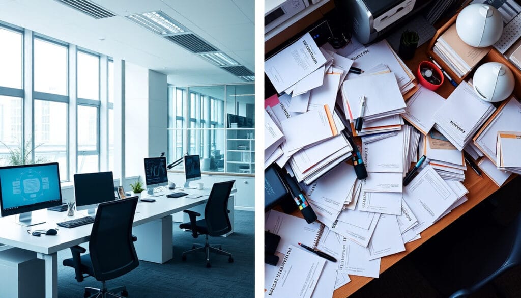 Visual showing the difference between automated and manual business processes in a UK office setup