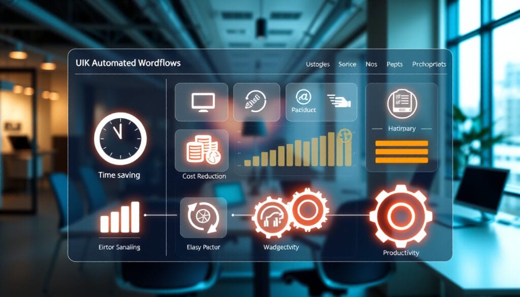 Illustration highlighting key benefits of business process automation like time-saving, reduced errors, and increased productivity for UK SMEs