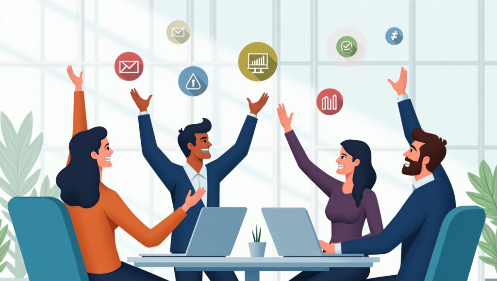 “UK SME team using marketing automation tools showing benefits like ROI boost, time savings, and improved lead management”