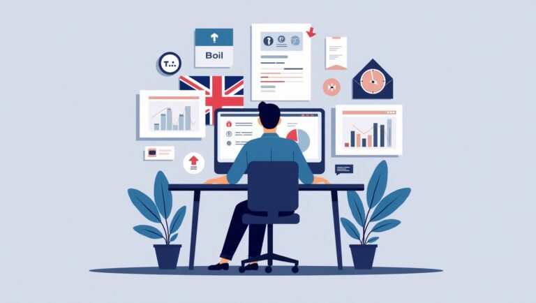 Digital illustration of top marketing tools UK marketers use in 2025 including automation, CRM, and analytics dashboards