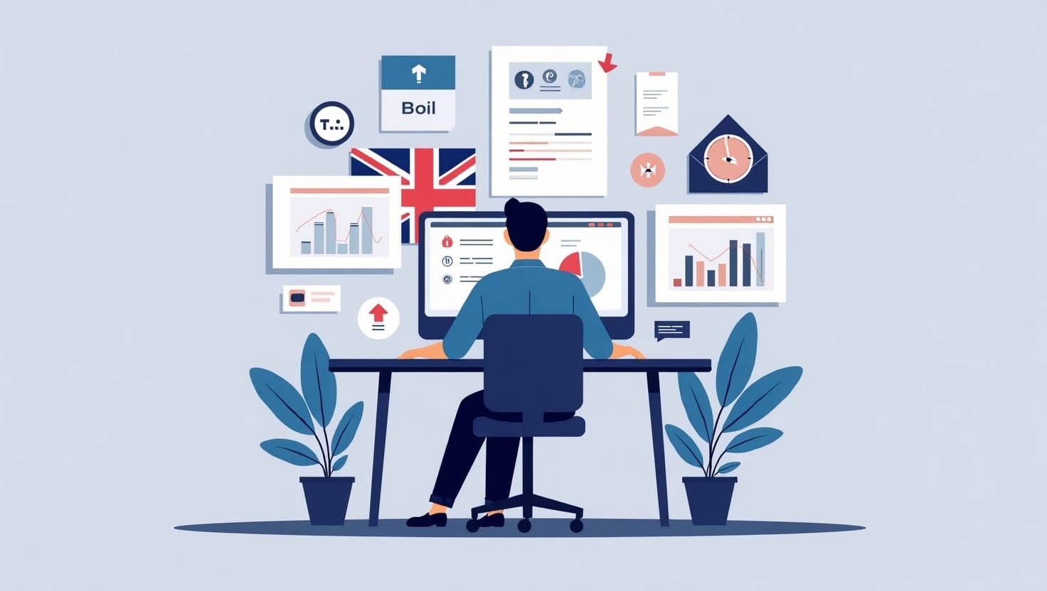 Digital illustration of top marketing tools UK marketers use in 2025 including automation, CRM, and analytics dashboards