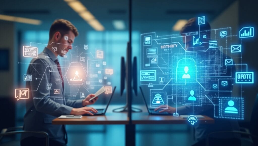 Marketing Automation vs Traditional Campaigns 2 Visual comparison of traditional marketing methods and automated marketing tools in a 2025 UK business environment.
