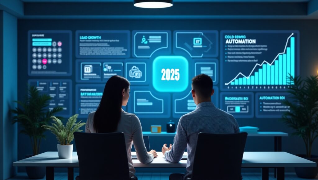 A futuristic 2025 office showing AI tools automating LinkedIn outreach for UK sales teams