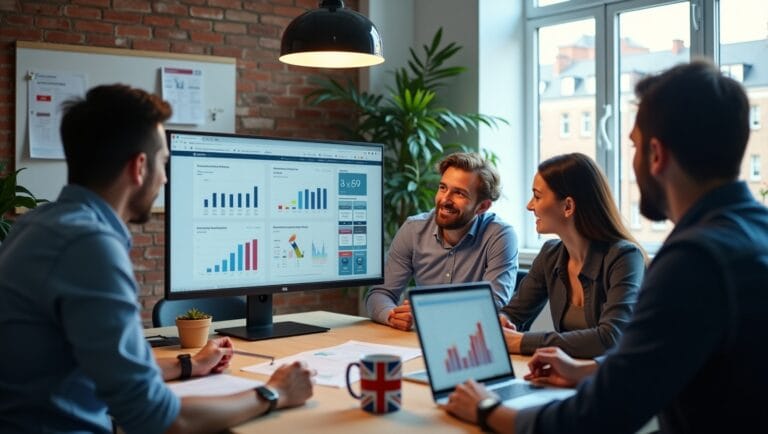 Team working with AI-powered marketing dashboards in a UK automation agency
