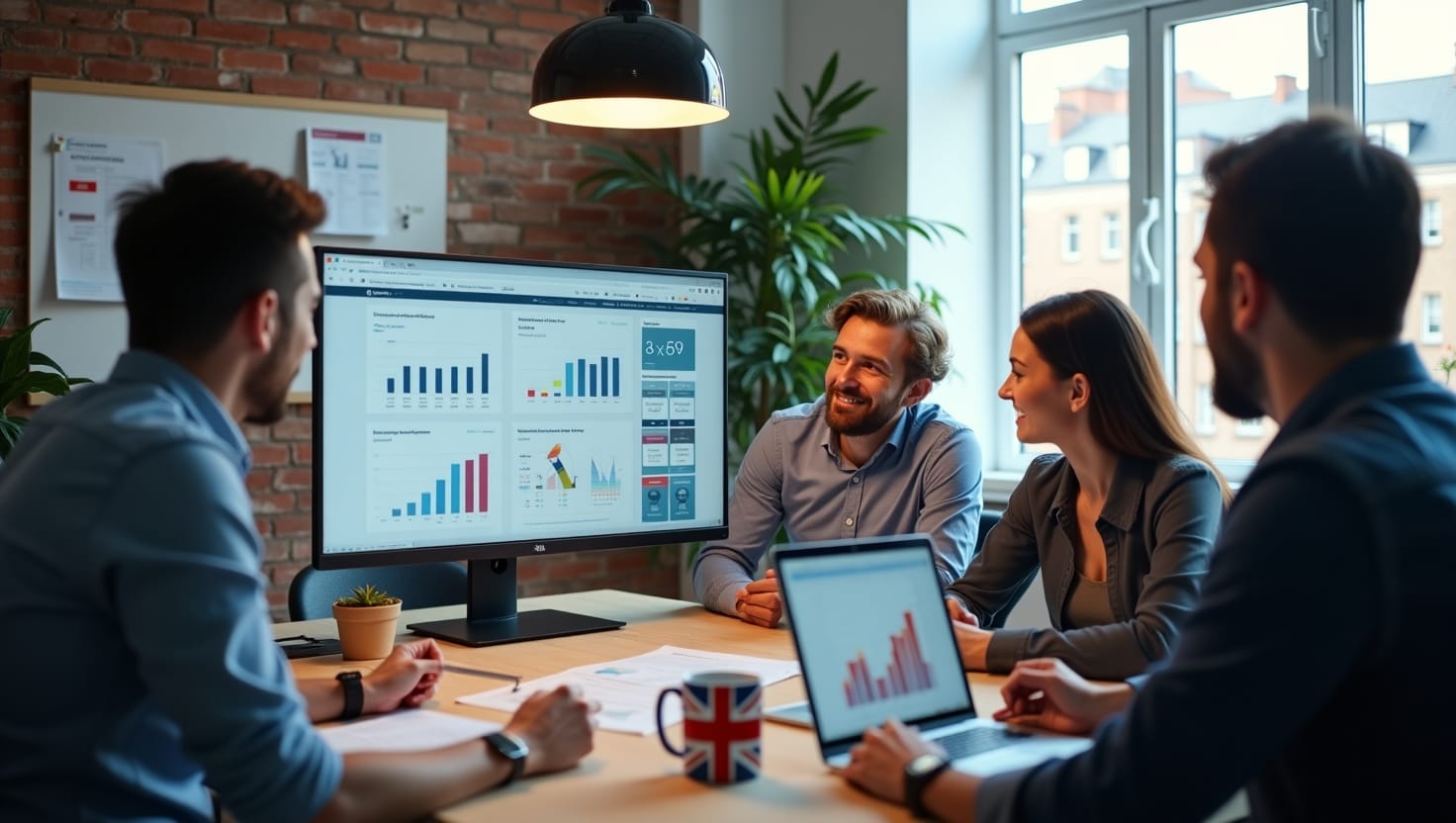 Team working with AI-powered marketing dashboards in a UK automation agency