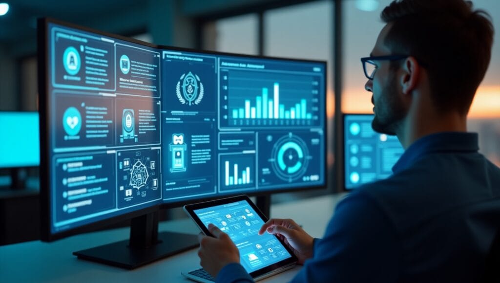 Top Marketing Automation Tools in the UK: 2025 Guide for SMEs 2 Futuristic marketing automation dashboard with AI tools, analytics, and campaign workflows used by UK businesses in 2025