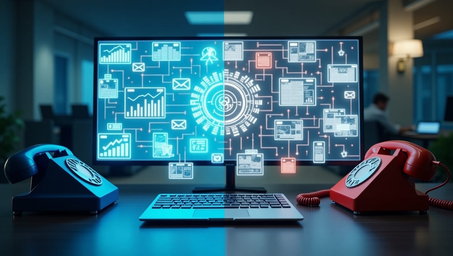Split image of marketing automation tools vs traditional marketing methods in a UK business setting, showing contrast between digital and offline strategies.