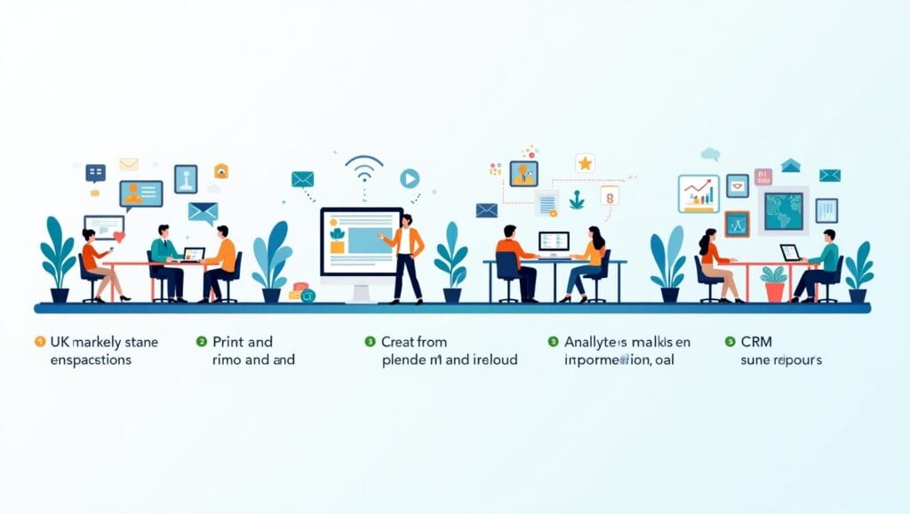 Marketing Automation vs Traditional Campaigns 4 Visual roadmap showing UK marketers shifting from traditional campaigns to automated marketing tools in a 2025 office environment.