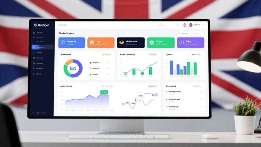 Top Marketing Automation Tools in the UK: 2025 Guide for SMEs 3 Comparison of top UK marketing automation platforms with dashboards showing AI workflows and analytics for 2025