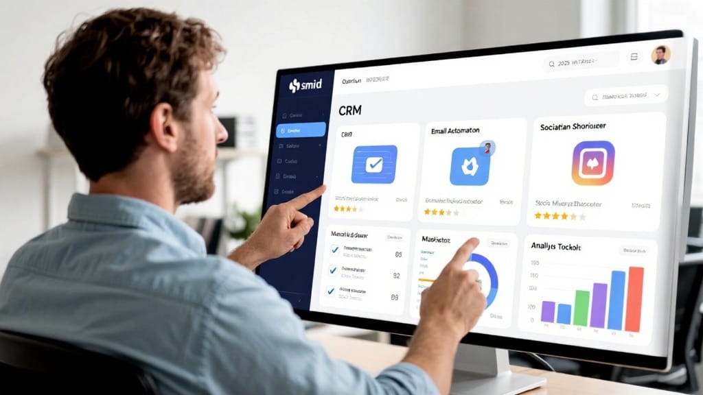 Top Marketing Automation Tools in the UK: 2025 Guide for SMEs 5 UK SME owner comparing marketing software tools like CRM, email automation, and analytics dashboards for business growth