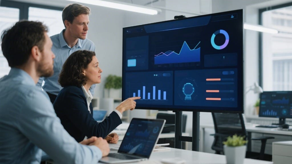 UK business team reviewing key benefits of marketing automation agency services with real-time analytics on screen in 2025