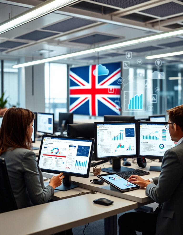 Small business owners in the UK using AI-driven business process automation tools in a modern office environment.