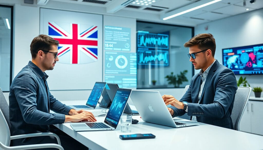 UK SME employees using AI and automation tools in a modern business office with digital dashboards and technology interface.